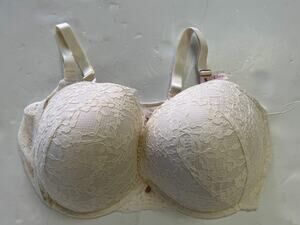 Victoria's Secret 42DDD Push-Up Bra Ivory Floral Lace Underwire Padded Plus